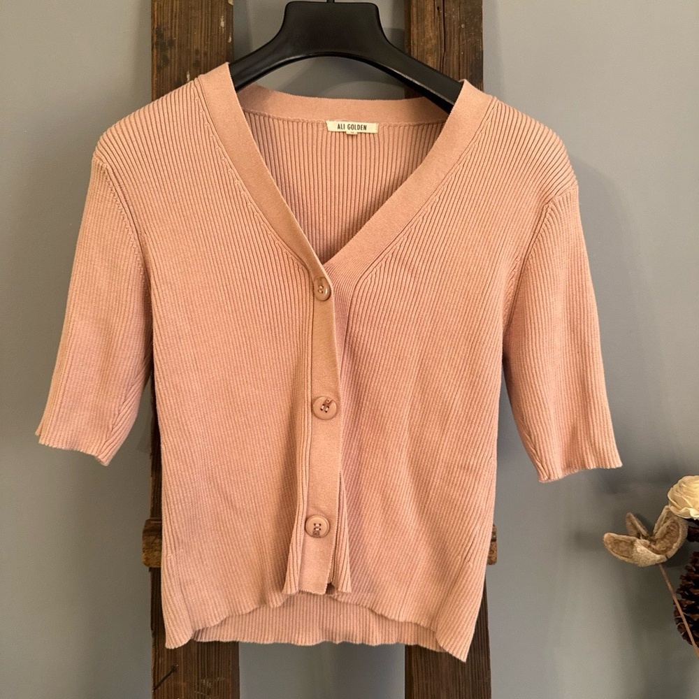 ALI‎ GOLDEN Womens Cardigan Size M Pink Ribbed Knit V-Neck Capsule Wardrobe